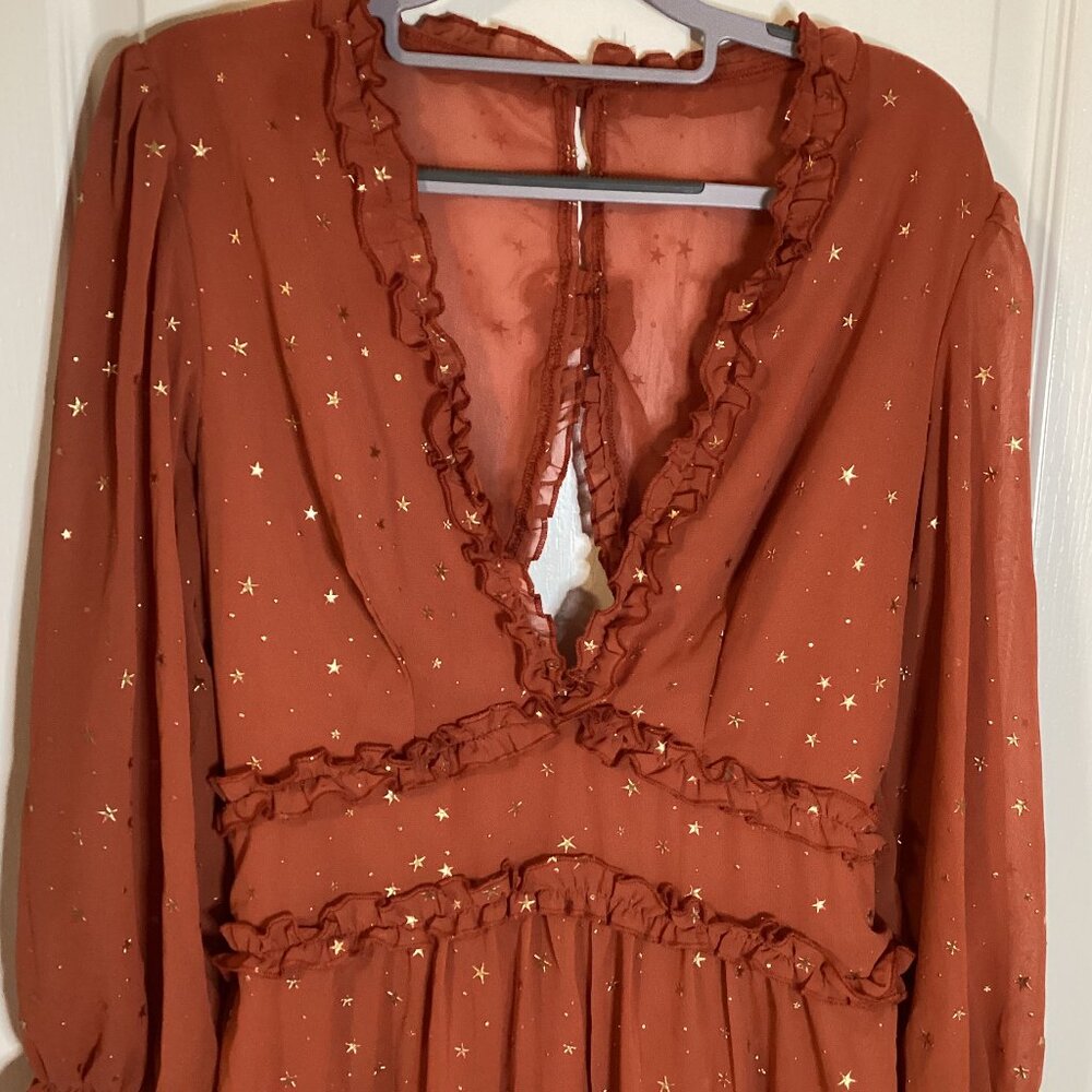 Women's Rusty Glitter Stars Backless Ruffle Sheer Dress Mini V Neck - Picture 3 of 13
